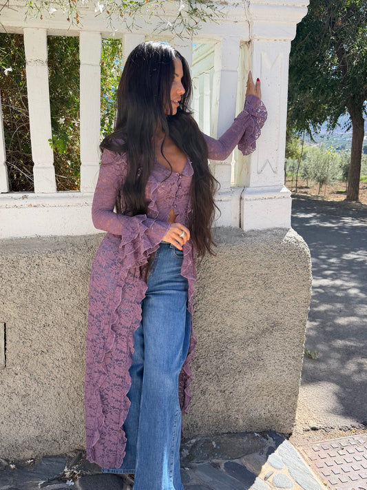 Kimono de encaje morado